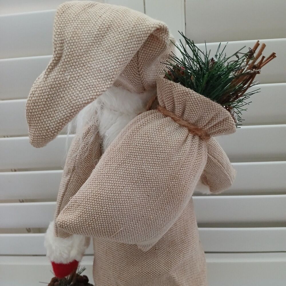 Christmas Santa Figurine Large 18" Tall Fabric Decor Holding Pinecone & Bag - Picture 10 of 13